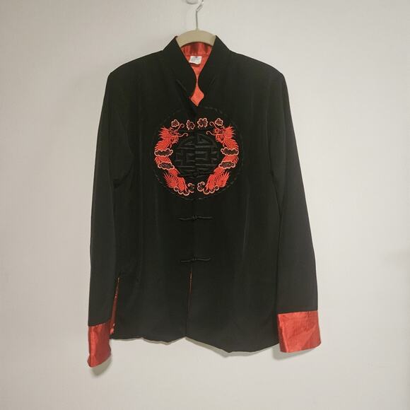 Silk Vintage Black & Red Dragon Kimono Style Long Sleeve Top S Vietnam Minh Than - Picture 2 of 12